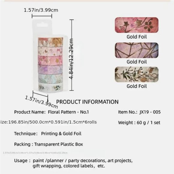 NEW 6 Rolls Washi Tape Gold Foiled Leaves, Geometric, Stars - Pink/ Purple - Picture 2 of 6